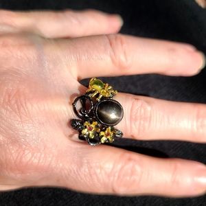 Natural smokey cats eye Sun Stone peridot ruby ring sz7.5